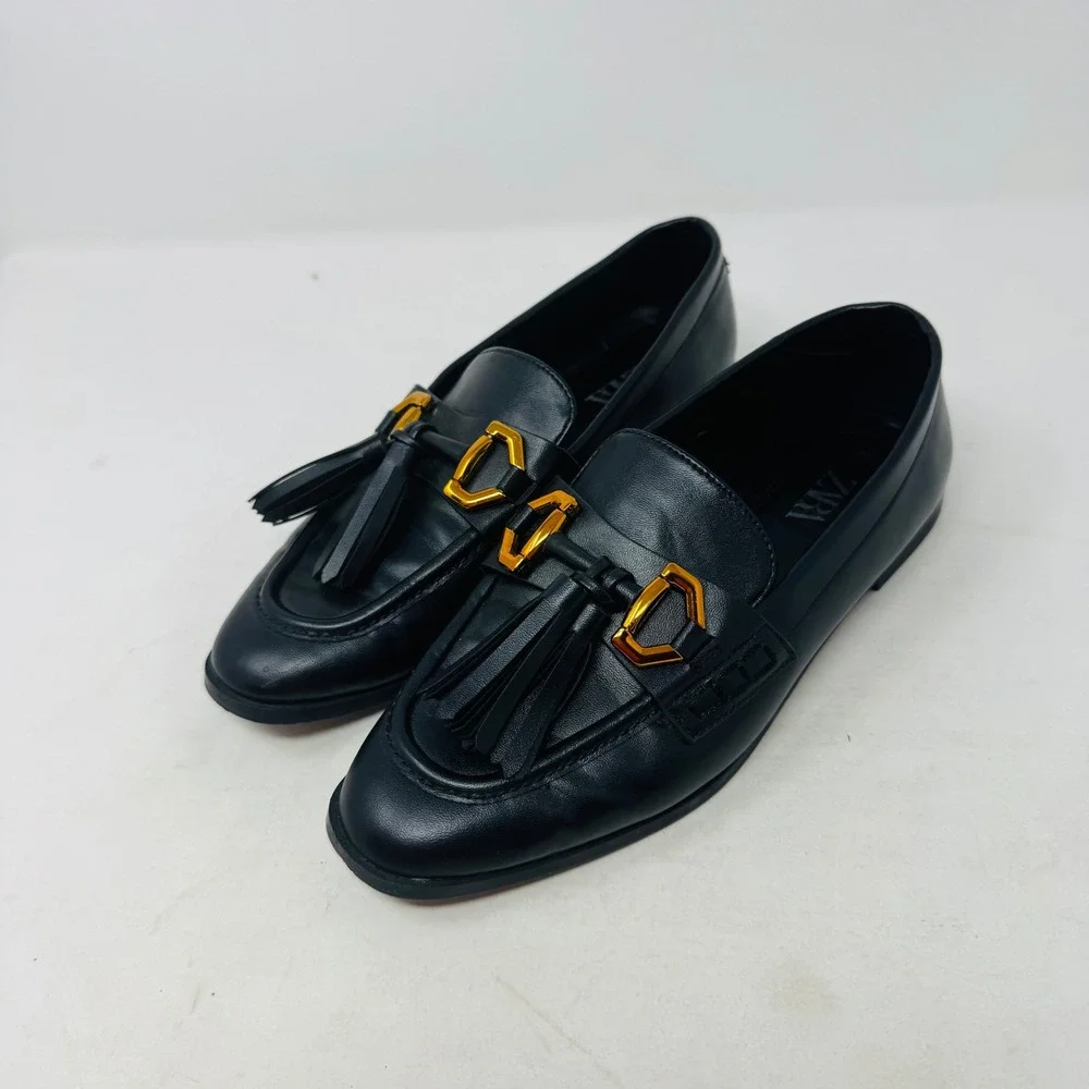 Zara | Shoes | Zara Women Black Leather Loafers Gold Buckle  display picture 2